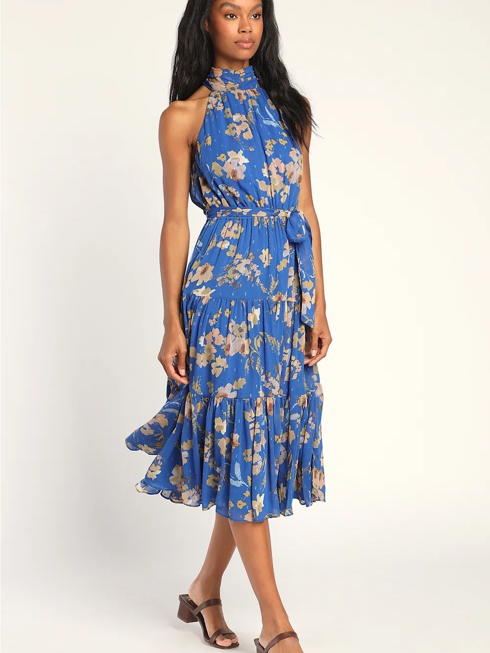 Lulus Stunning and Chic Blue Floral Print Tiered Halter Midi Dress - #